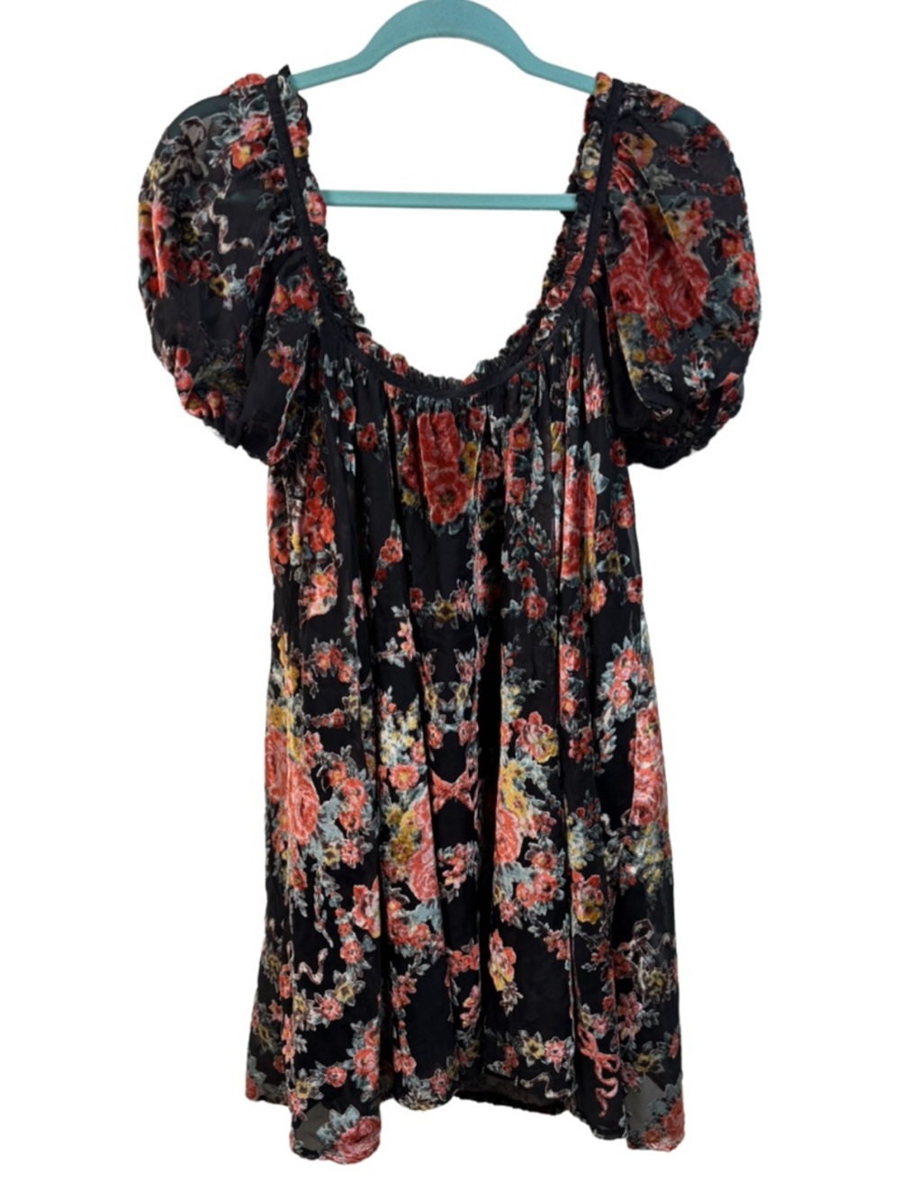 Free People Black Floral Puff-Sleeve Mini Dress NWT